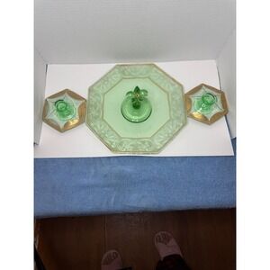Vintage Tiffin Uranium Glass Gold Encrusted Fleur-de-lis Platter Candle Holders